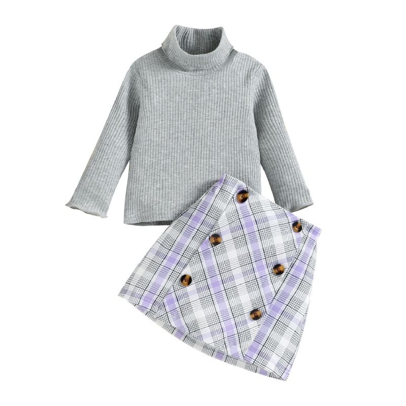 Baby Girl Dress Sets High Collar Knitted T-shirts Sweater Plaid Double Breasted Short Skirt Two Pieces Suits