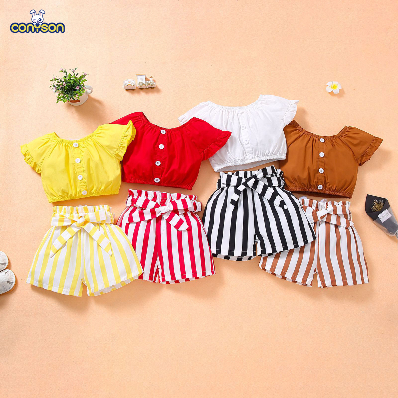 Conyson Wholesale New Arrivals Summer Kids Cute T-shirt And Striped Shorts 2Pcs Pants Little Girls' Clothing Sets
