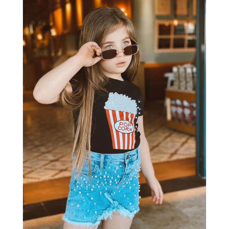 Conyson New Arrival Summer Tulle Puff Bubble Short Sleeve Black O-neck Blouse Plaid Mini Zipper Skirt Set Toddler Girls Outfits