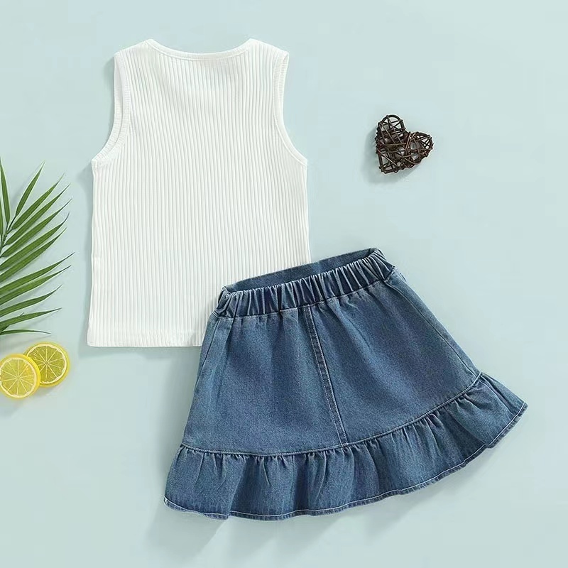 Conyson Boutique Fashion Summer Kids Girl Clothes Outfits White Sleeveless Vest Denim Flower Skirts 2 Pieces Casual Girl Suits