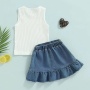 Conyson Boutique Fashion Summer Kids Girl Clothes Outfits White Sleeveless Vest Denim Flower Skirts 2 Pieces Casual Girl Suits