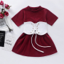 Conyson Hot Sale Cute Kids Baby Girls Dress+Belt 2Pcs Long Short Sleeve Letter A-Line Dress+Plaid Belt Vest Outfits Set