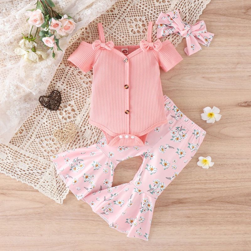Conyson Hot Sale Spanish Newborn Organic Short-Sleeved Stripe Print Flower Baby Girl Ruffle Bow Jumpsuit 3 Pieces Baby Romper