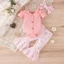 Conyson Hot Sale Spanish Newborn Organic Short-Sleeved Stripe Print Flower Baby Girl Ruffle Bow Jumpsuit 3 Pieces Baby Romper