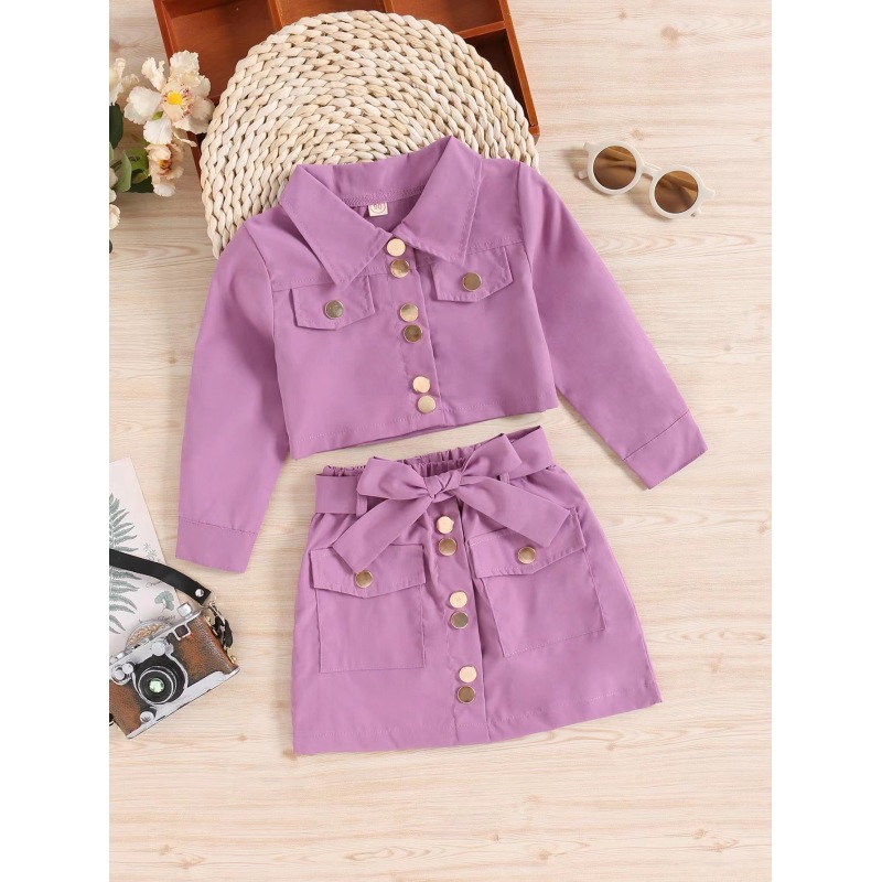 Conyson Boutique Kids Girls Clothing Sets Solid Jacket Shorts 2 Piece Casual Single Breasted Long Sleeve Top Short Girls Suits