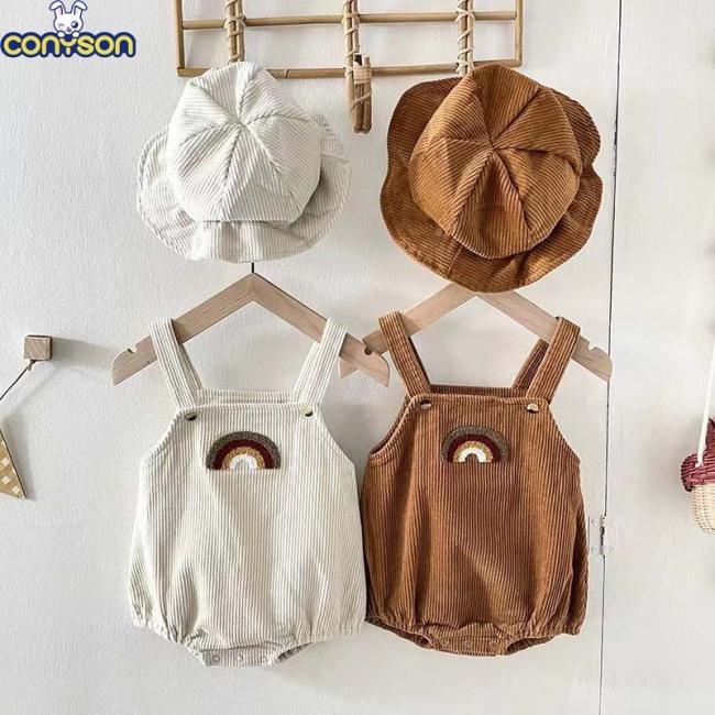 Conyson 2023 High Quality Sleeveless Corduroy Baby Rainbow Writer Suspender Rompers Warm Clothes Newborn jumpsuit