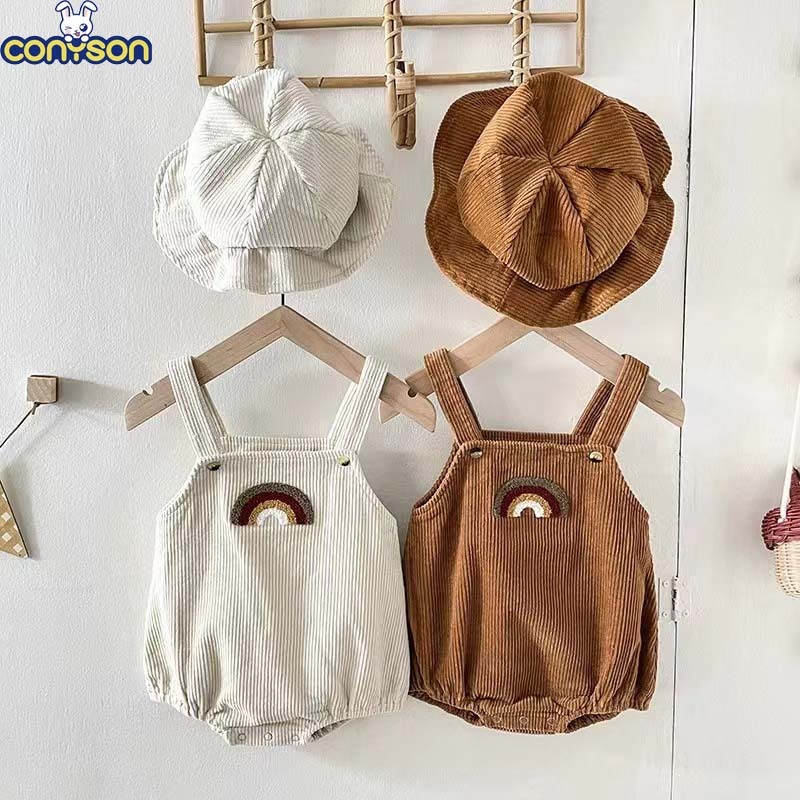 Conyson 2023 High Quality Sleeveless Corduroy Baby Rainbow Writer Suspender Rompers Warm Clothes Newborn jumpsuit