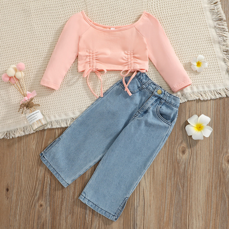 Conyosn Hot New Spring Summer Kids Girls Clothes Sets Solid Off Shoulder Long Sleeve T-Shirts Tops Denim Pants Two-pieces Sets