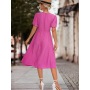 Conyson Hot Wholesale Stock Lots Spring Summer Ruffled Puff Sleeve Kink Polyester Solid V-Neck Fashion Women Elegant Dress