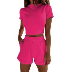 Factory price rts fashion summer Custom logo women designer suit clothes 2 pieces adult high-waisted t-shirt shorts clothing Set