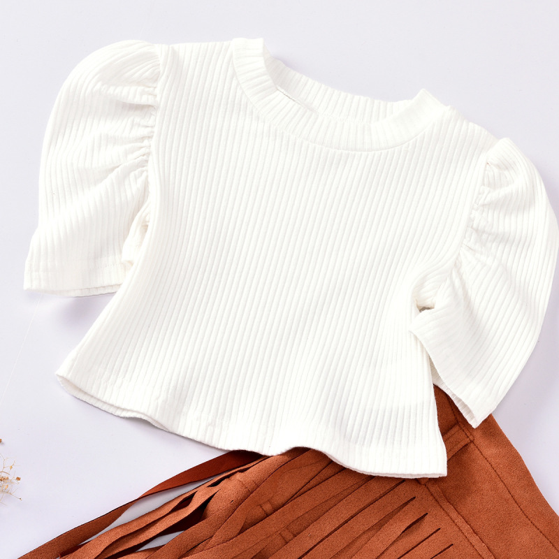 Conyson Hot New Kids Clothes Outfit Baby Girls Puff Tops T-shirt Tassel Skirt Children Fashion Tassels Skirt Summer Clothing Set