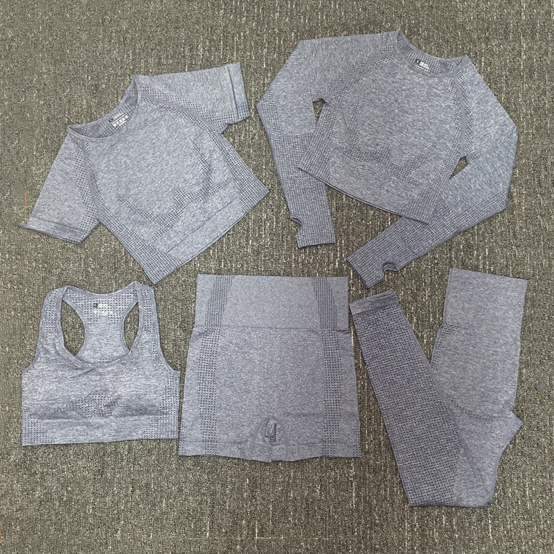 Fashion Seamless Yoga Set Fitness Sports 5 Piece Suits Solid Top Yoga Wear Sport Clothing Pants Set