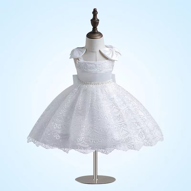 Conyson Embroidered Bow Children Dresses Tie Sleeve Pompous Satin Princess Dress Night Party Performance Dress for Baby Girls