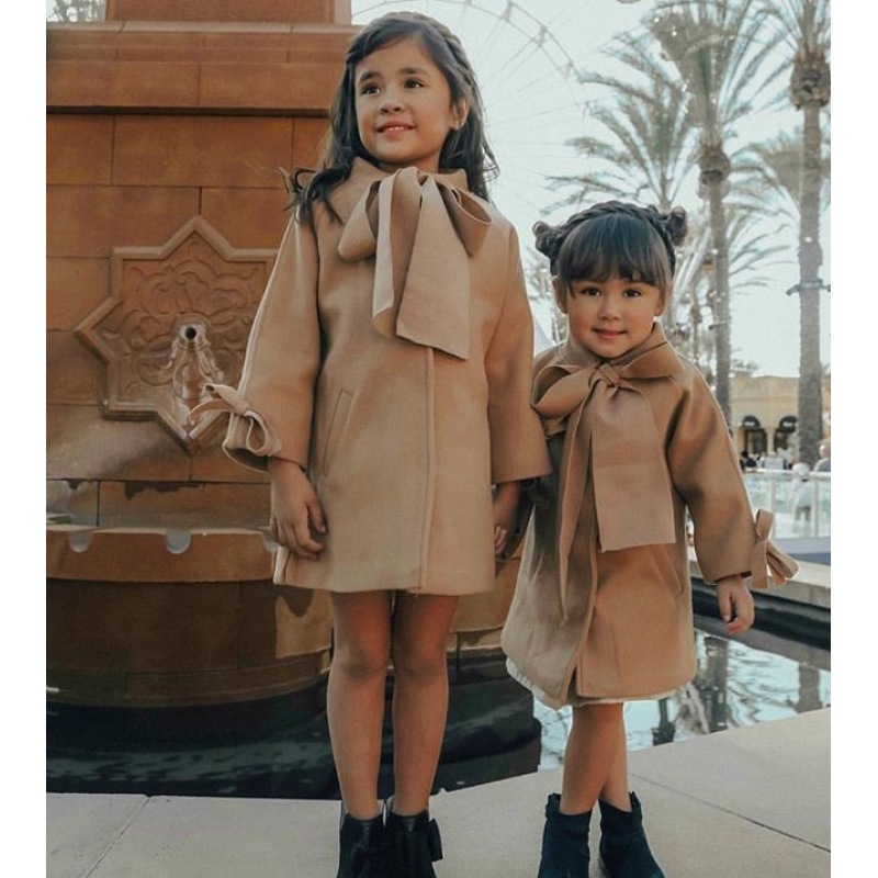 Comyson Wholesale Warm Wear Solid Midi Children's Girl Jacket Korean Essential Bow Elegant Kids Girls Long Sleeve Dust Coat