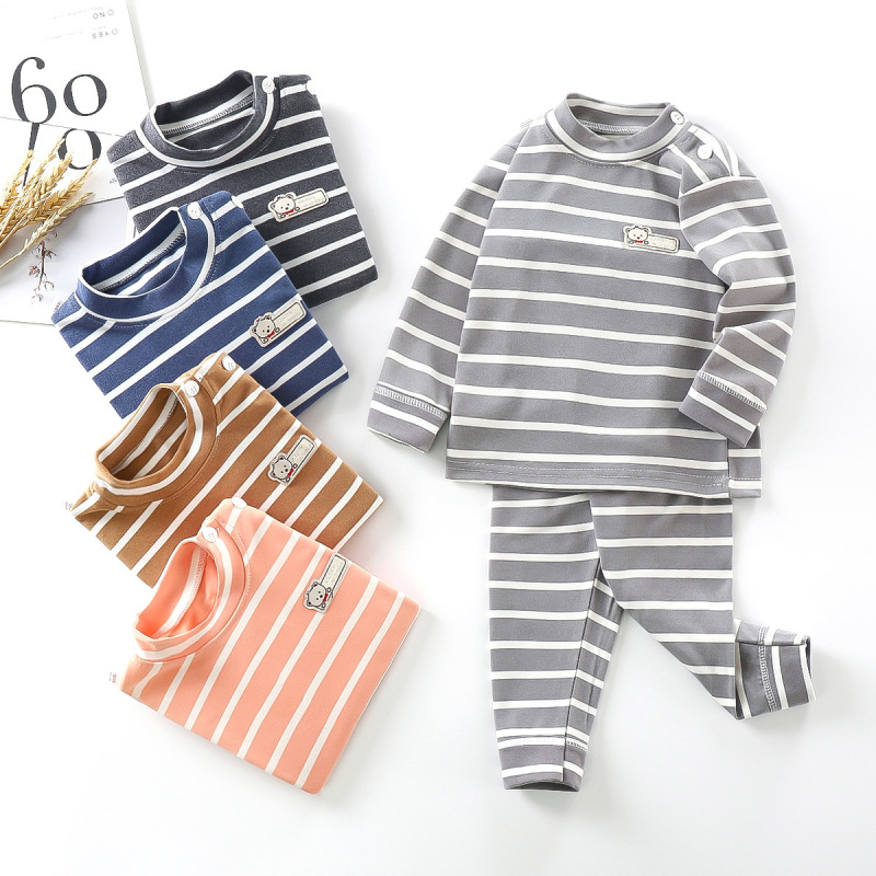 Autumn Winter Newborn Baby Casual Thermal Underwear Stripe Long Sleeves Top Trousers Two Pieces Suits Unisex Pajamas Set