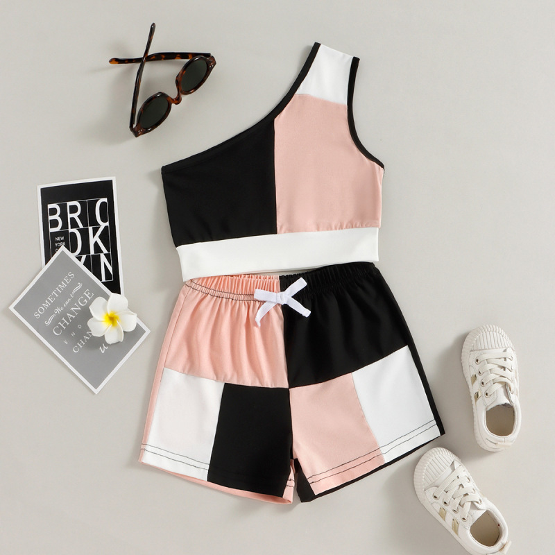 Conyson hot sale Fashion Summer Baby Girls one shoulder patchwork Outfit two pieces tank top shorts Suit kids Girl Clothing Sets
