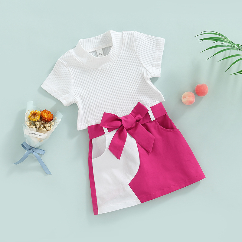 Conyson Fashion Little Girls Clothes Sets 2pcs Solid Short Sleeve Knit T Shirts+Color Matching High Waist Mini Skirt Kids Sets