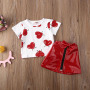 Children'S Suit Short Sleeve Top T-Shirt Pu Leather Skirt Kids Girls 2 Piece Clothing Set