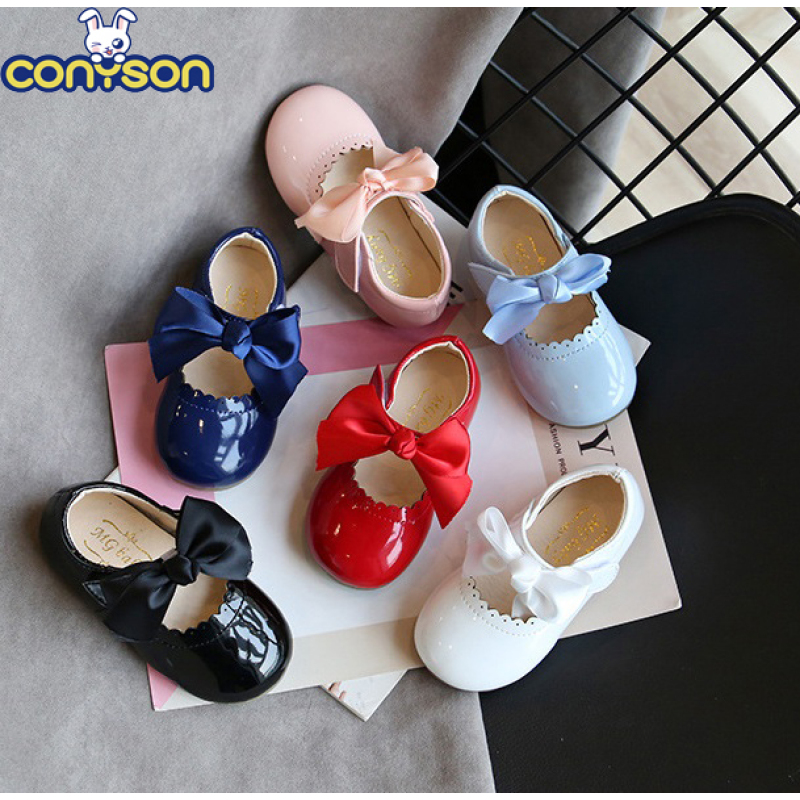 Conyson hot sale fashion spring size 15-30 child slip on Leather PU shoes rubber bottom baby girl princess bowknot dance shoes
