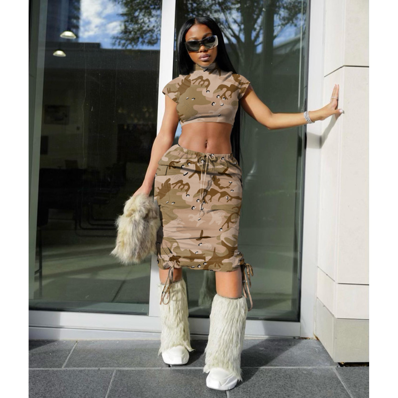 Conyson High Quality Crop Top Summer Seamless Sexy Short Loose Plus Size  Camouflage Pleated Skirt Gym Suit Cozy 2Pcs Women Set