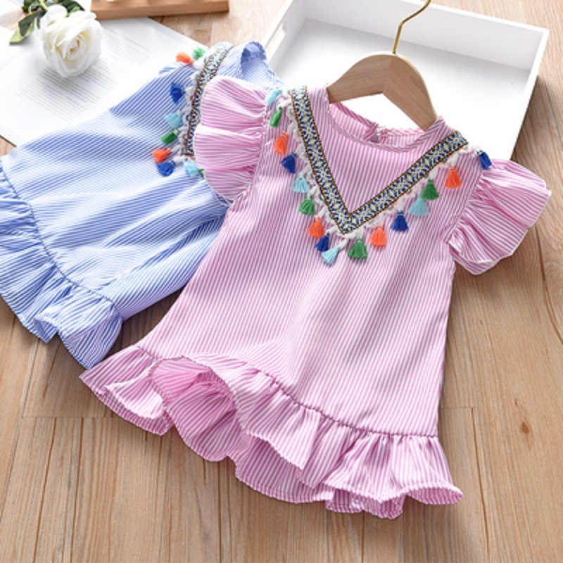 wholesale 2021 Summer Popular striped Round neck Ruffle Fly Sleeve parent-child clothes baby Girls Tassel Dress