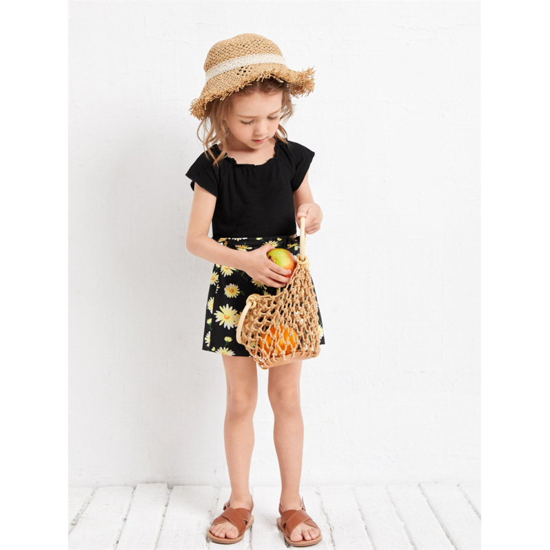 Conyson Hot Sale European and American Kids Clothes Outfit Suit Black Stripe Tops+Flower Belt Bow Shorts Kid Girls Clothing Sets