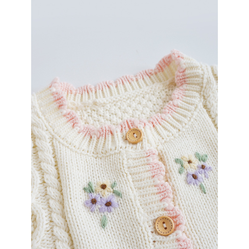 New Style Baby Girl Winter Sweaters Round Neck Lace Multicolor Flower Knitted Cardigan Sweater Designs For Girls