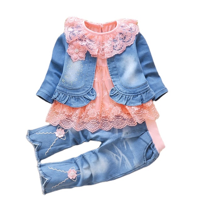 Elegant Baby Girls' Clothing Sets Children'S Suit Floral Lace 3 Pieces Jeans Cotton 3 Years Newborn Baby Girls Clothes Set