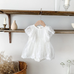 Conyson Wholesale Latest Design Summer Fluffy Lace Embroidery Boutique Flowers White Lace infant clothing Baby girls romper