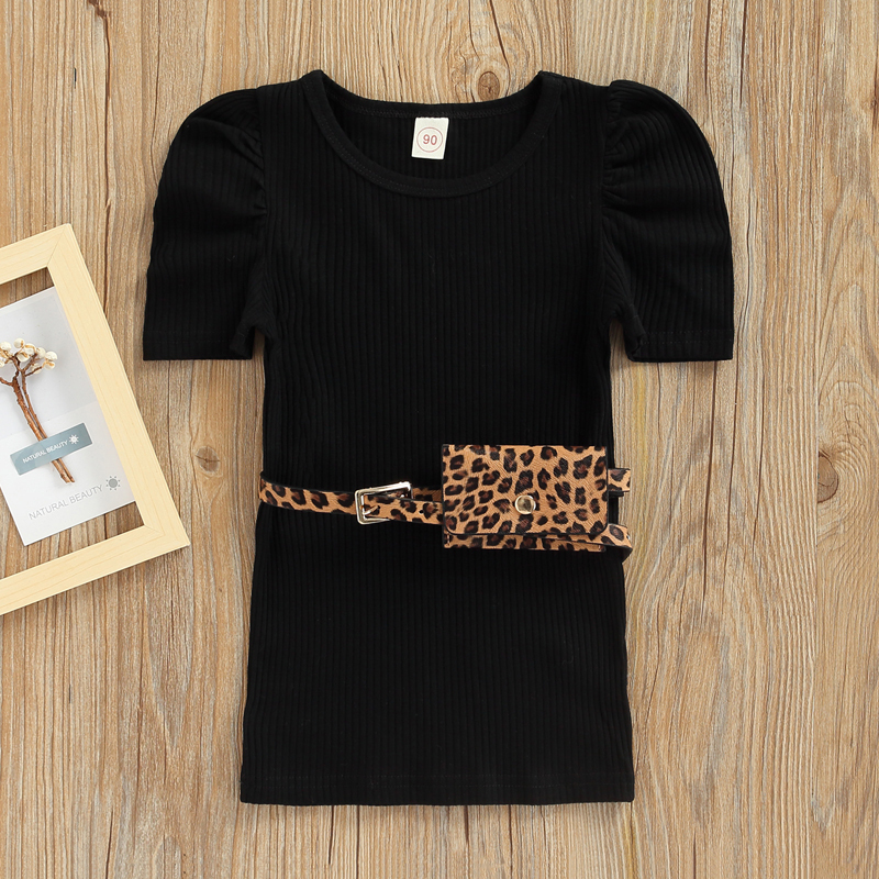 Conyson Summer Fashion Little Girls Dress Kids Clothes Short Puff Sleeve Solid Straight Dresses With Leopard Printed Fanny Pack