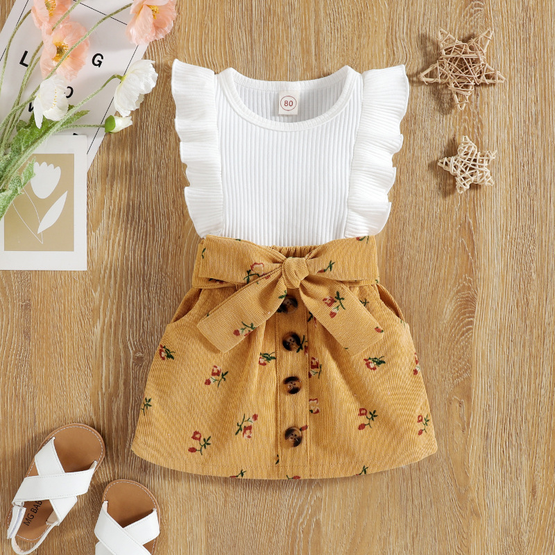 Conyson Girls new infant pit fly sleeve floral corduroy  two-piece skirt Lovely Kid Baby Girls Cotton Boutique Suit Outfits