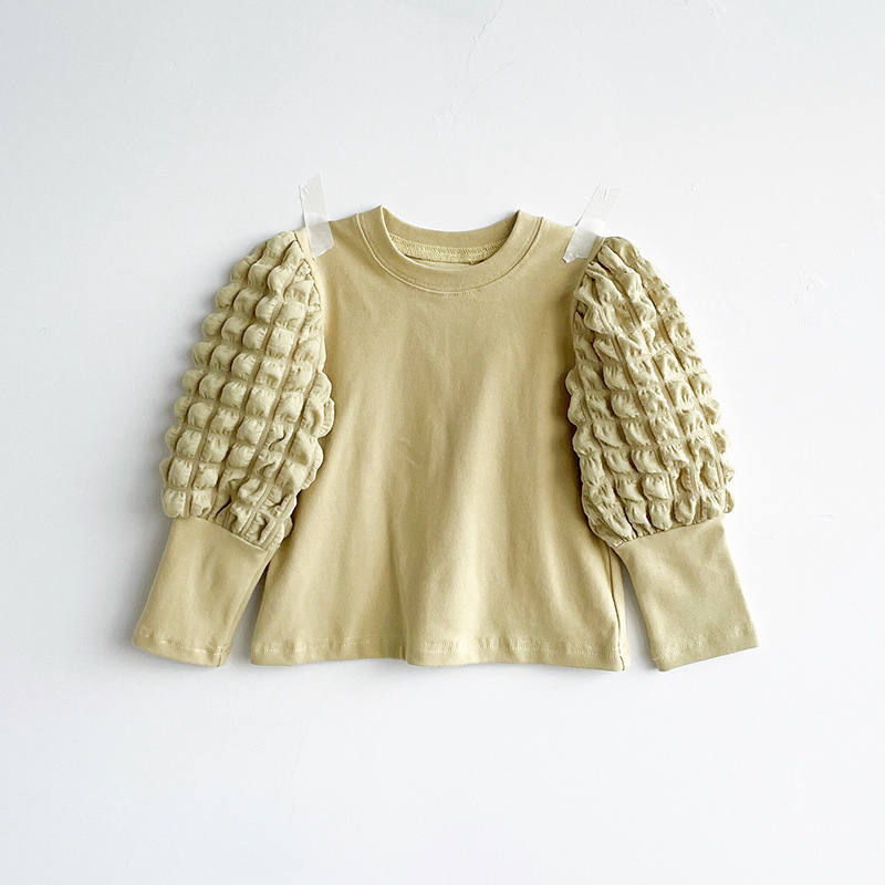Conyson Wholesale Spring Autumn Toddler Kids Puff Sleeve Top Clothes Casual Solid Tops Child Girls' Clothing