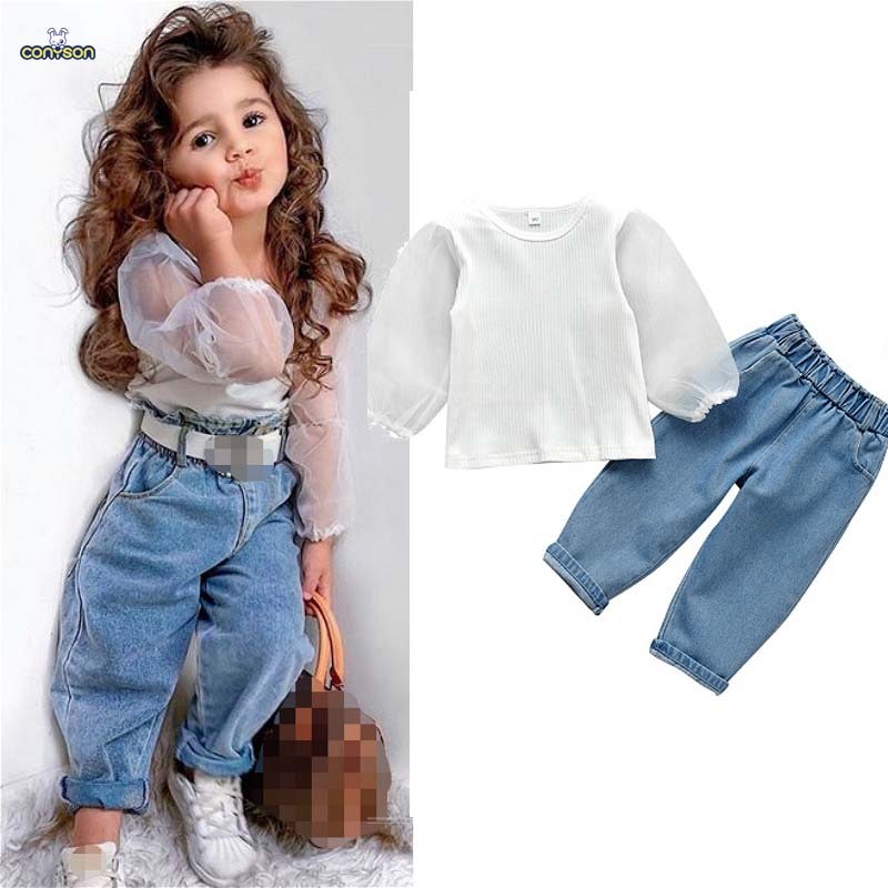 Conyson 2021 Summer 2Pcs Children Girls White Pullover Mesh Long Puff Sleeve Knit Tops+Denim Long Pants Outfit Kids Girls Suit