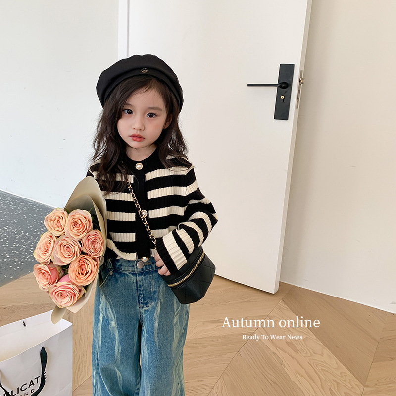 Conyson organic kids clothes spring personalized kids-designer-clothes vintage velvet core yarn striped knitted girls coat