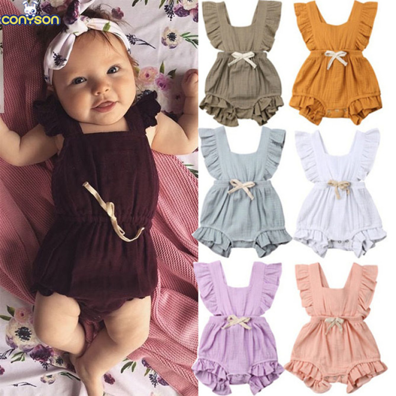 Wholesale Cotton Gauze Infant Flutter Sleeve Suit Baby Summer Clothing Rompers Sleeveless