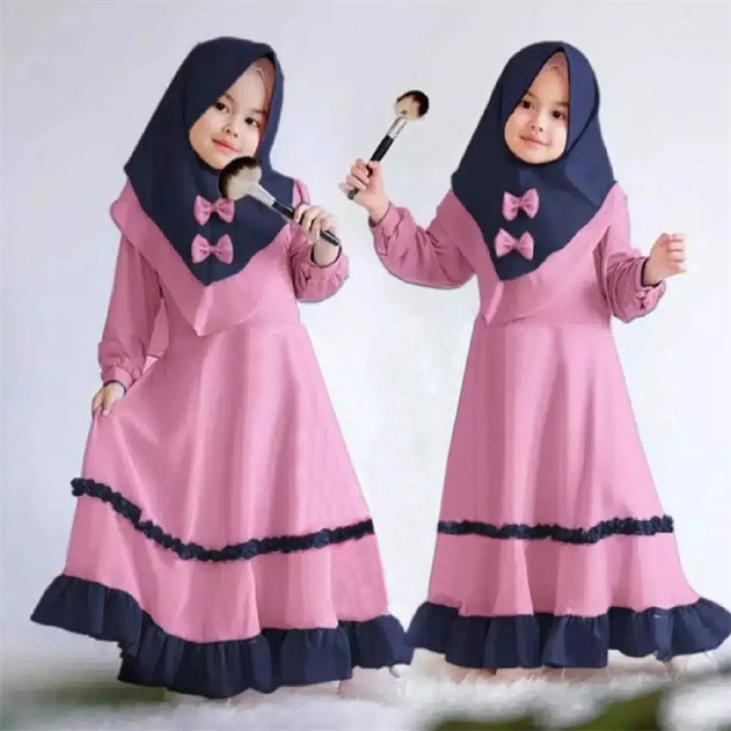 High Quality Islamic Clothing Muslim Girls Eid Dress Abaya Kids Conservative Long Skirt Bow Scarf Solid Color Ruffles Two Pieces