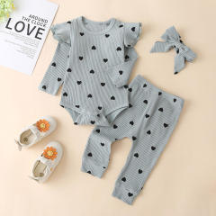 Conyson Wholesale New Kids Clothing Spring Baby Girl 3 pcs Vintage with buttons Outfit Long Sleeves Heart Print Baby rompers