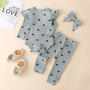 Conyson Wholesale New Kids Clothing Spring Baby Girl 3 pcs Vintage with buttons Outfit Long Sleeves Heart Print Baby rompers