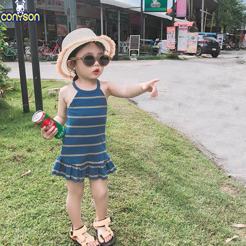 Conyson baby girls dress toddler summer 1-6years occasion sleeveless slip stripe dress fancy children party simple girls dress