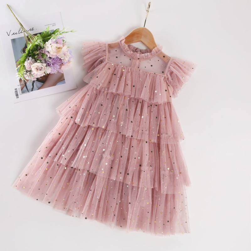 Summer Girls Fluffy Lace Dress Kids Sleeve Toddler Baby Dress Prom 2021 New Children Girls Pink Dresses Princess Kids
