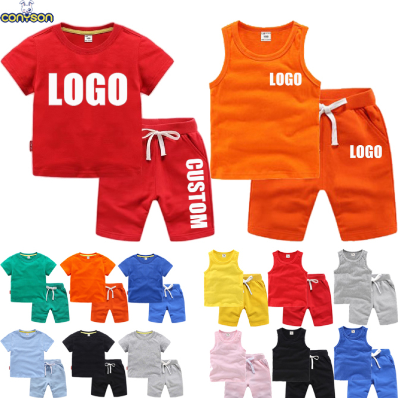 Conyson summer Custom print logo Made 1-12year toddler boy girl embroidery Baby Clothes Kids clothing T-shirt vest shorts Sets
