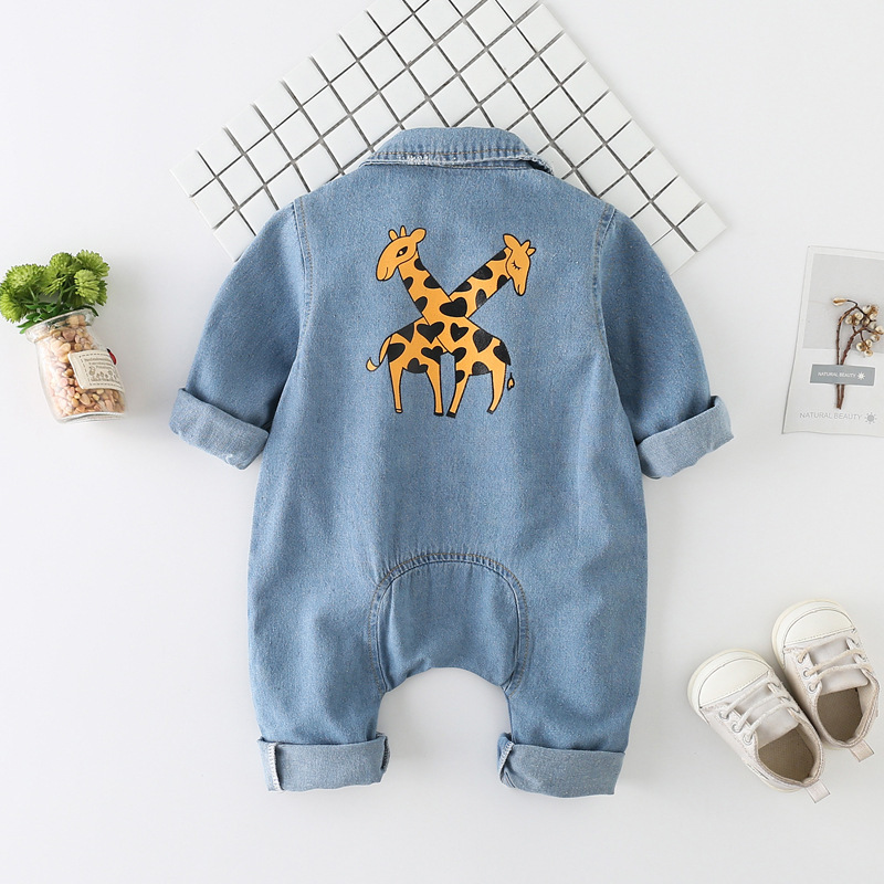 Conyson Hot Sale Organic Cotton Unisex Cowboy Long Sleeve Denim Onesie Korean Kids Clothing Baby Romper