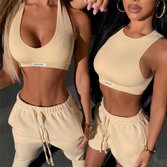 Conyson RTS Summer Western Style Thick 2 Piece Bodycon Outfits Tracksuit Sweat Jogger Suits Women's Atheleisure Crop Top Set