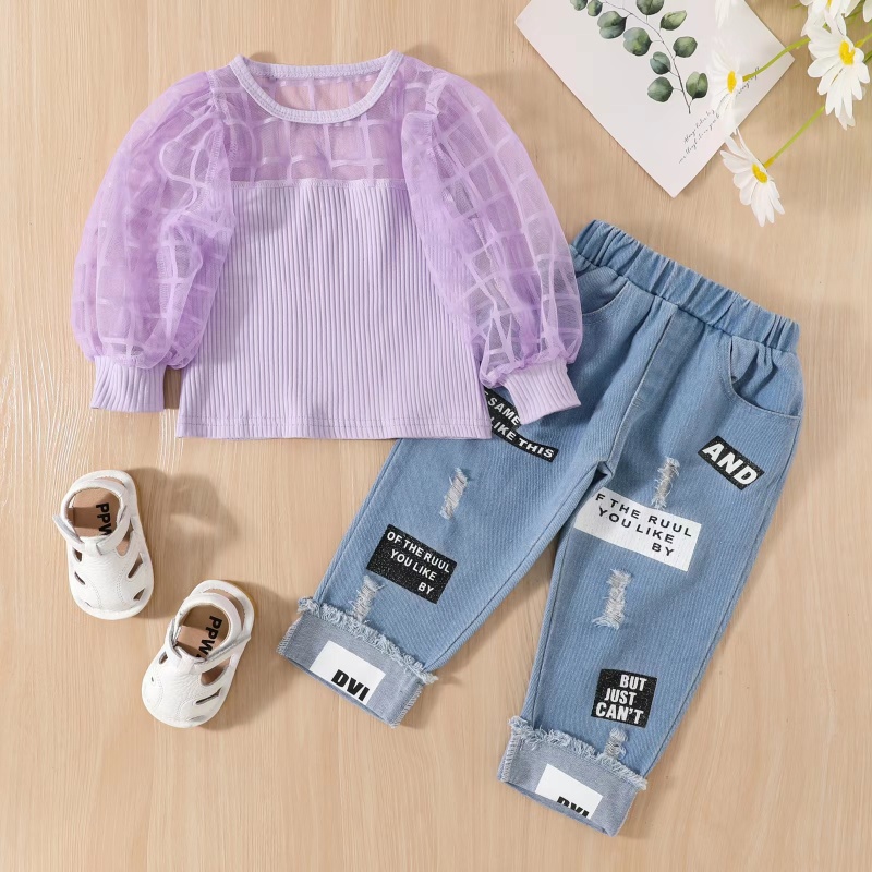 Wholesale spring autumn Mesh Solid Color Shirts Clothes hole pearl jeans sets Girl Fashion Outfits Girl Clothes Sets