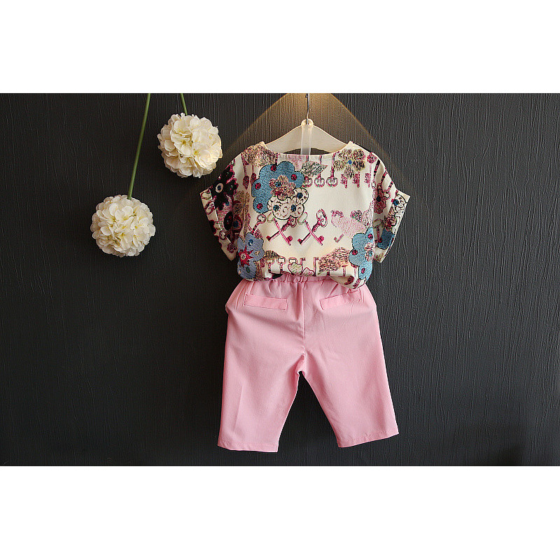 Flower Pattern New Design Boutique Toddler Kids Children Girls Clothes Summer Short Sleeve Suit Sets