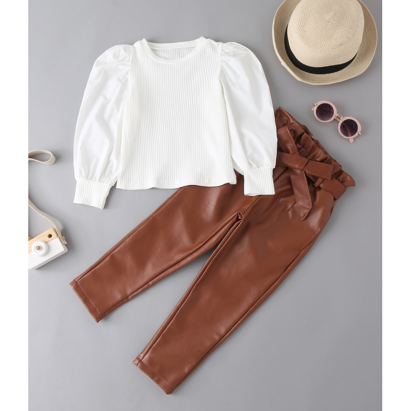 Conyson White Long Sleeve Pullover Baggy Sweats Ruffle Square Collar Leather Pure Color baby girls Long Pants Girl 2Pcs Suit