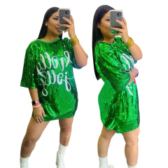 Conyson Summer Fashion Round Neck Half Sleeve Loose Beaded Printed Dress Women's Party Sequin Style Nightclub Style Women Dress