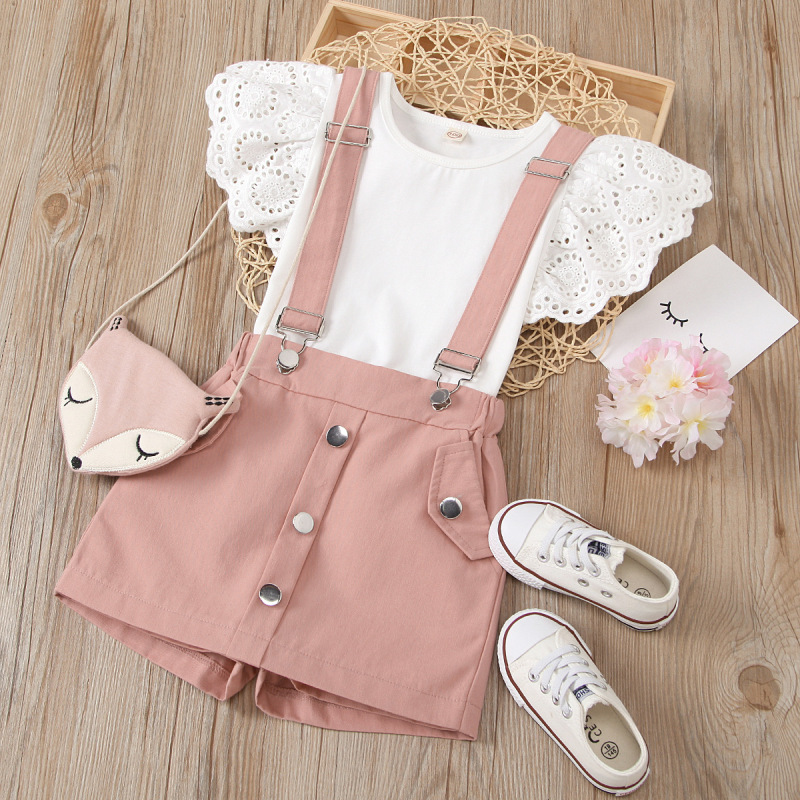 Fashion 2pcs Kid Girls Outfit Sets Casual Summer Girl Clothes Set Flying Sleeve Top Suspender Shorts 2pcs Suit Casual Kids Set