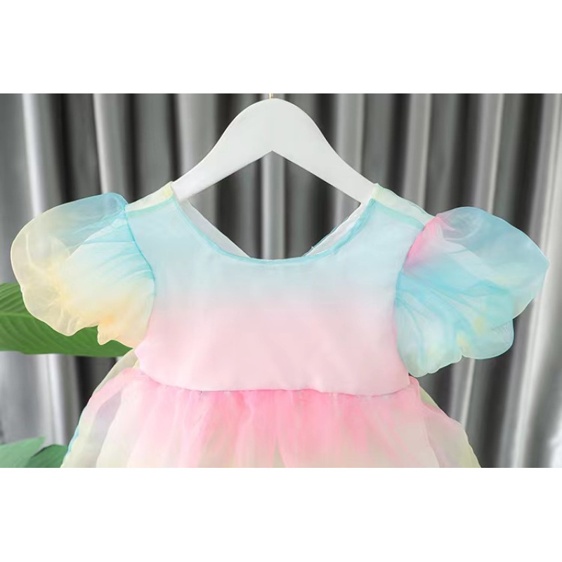 Conyson High Quality Summer 99% Cotton Comfortable Puff Sleeve Colorful Rainbow Floral Dresses 1-3 Years Baby Clothes Girl Dress