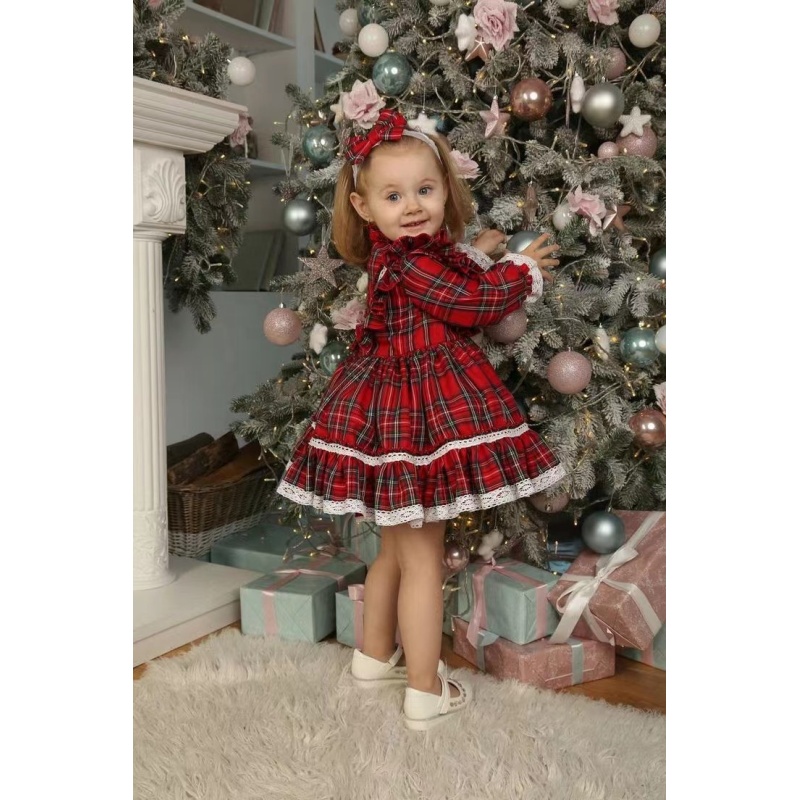 Conyson Hot Princess Kids Girls Christmas Dress Ruffles Long Sleeve Plaid Lace Patchwork Tulle Tutu Dress Baby Bow Santa Hot